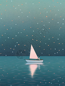 夜晚一个小小的卡通人物坐在帆船上在安静的行驶图片
