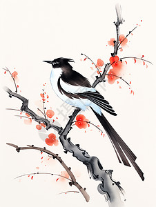 一只漂亮的卡通喜鹊鸟在梅花树枝上休息水墨风插画图片