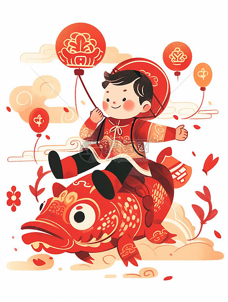 新年骑着红色瑞兽穿着喜庆的可爱卡通小朋友图片