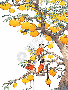 在结满果实的树上玩耍的三个可爱的卡通小朋友图片