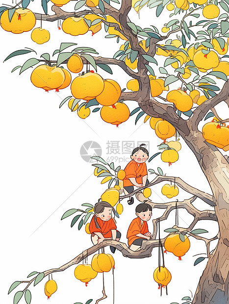 在结满果实的树上玩耍的三个可爱的卡通小朋友图片