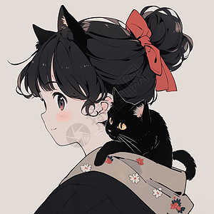 扎丸子头微笑的可爱卡通小女孩在帽子中趴着一只黑色卡通小宠物猫图片