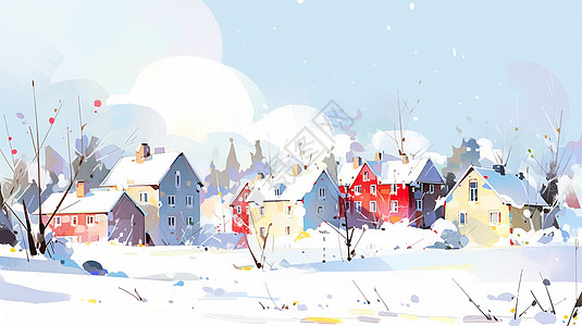 大雪中清新唯美的卡通小村庄背景图片