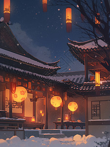 夜晚落满雪的古风卡通建筑挂着很多红色喜庆的卡通灯笼图片