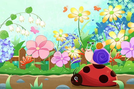 清新治愈春天惊蛰节气瓢虫蜗牛花卉插画图片