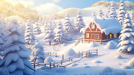 雪山小屋冬景图片