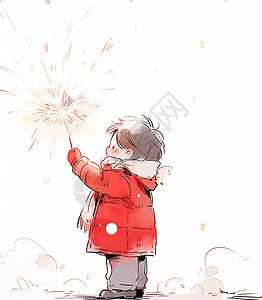 穿着红色外套正在手举着烟花开心放烟花的卡通小男孩图片