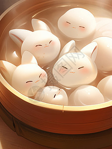 一大碗可爱的卡通兔子形象汤圆美食背景图片