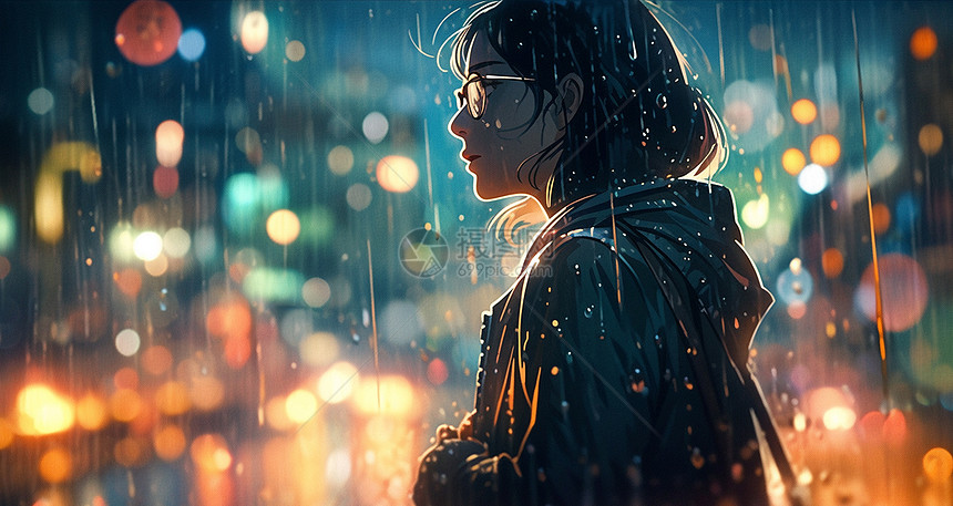 戴着眼镜的卡通女孩在夜晚的街道上淋雨图片