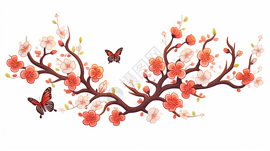 小清新漂亮的卡通梅花与蝴蝶背景图片