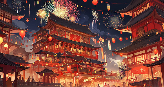 新春热闹喜庆的卡通古风城市放着很多漂亮的烟花背景图片