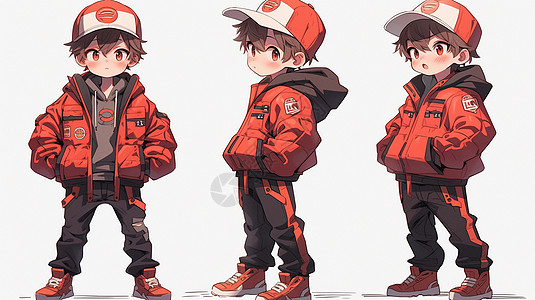 穿着红色外套戴着棒球帽的卡通小男孩多角度图片