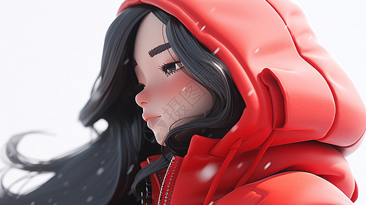 穿着大红色厚外套在大雪中的黑色长发卡通女孩图片