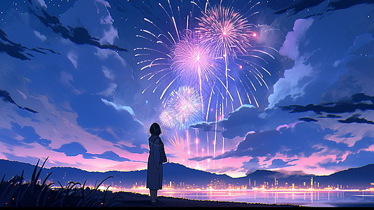 夜晚站在湖边欣赏烟花的卡通女孩背影图片