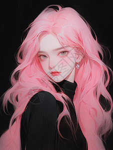 时尚的卡通女孩一头粉色长发穿着黑毛衣背景图片