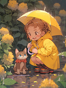 撑着黄色雨伞大雨中看着可爱的小花猫开心笑的卡通小女孩图片
