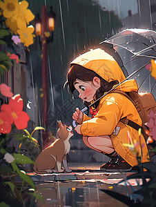 大雨中与可爱的小猫蹲在地上开心笑的卡通女孩图片