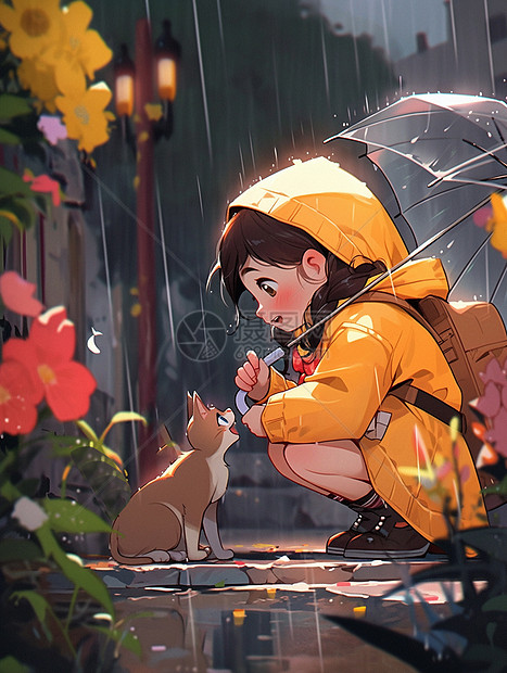 大雨中与可爱的小猫蹲在地上开心笑的卡通女孩图片