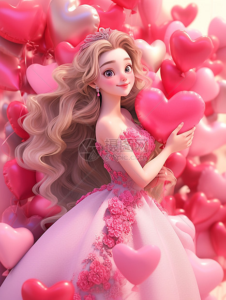 穿着粉色裙子抱着红色微笑的卡通公主图片