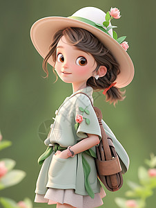 戴着绿色棒球帽背着小包的大眼睛可爱卡通小女孩图片