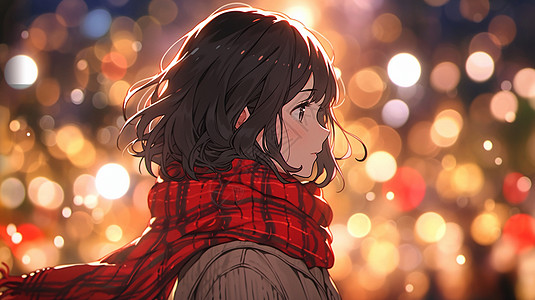 新年围着红围巾欣赏夜景的卡通女孩图片