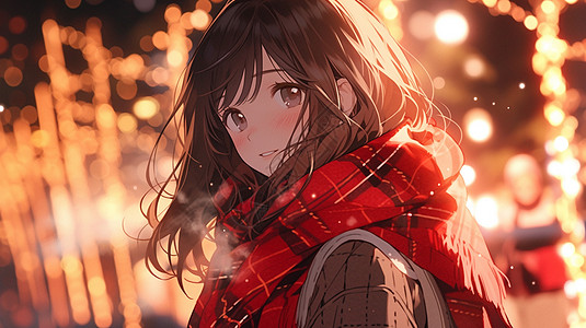新年夜晚围着红围巾面带微笑的卡通女孩背景图片