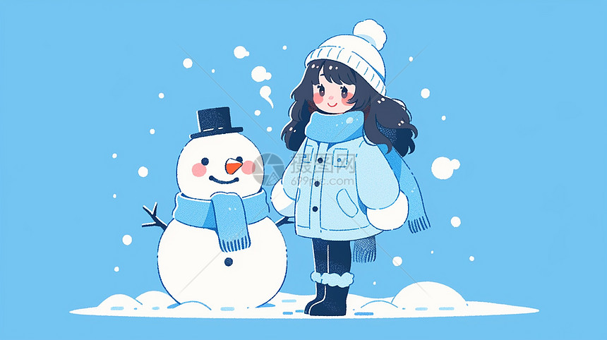 站在雪人身旁戴着米色毛线帽可爱的卡通小女孩图片
