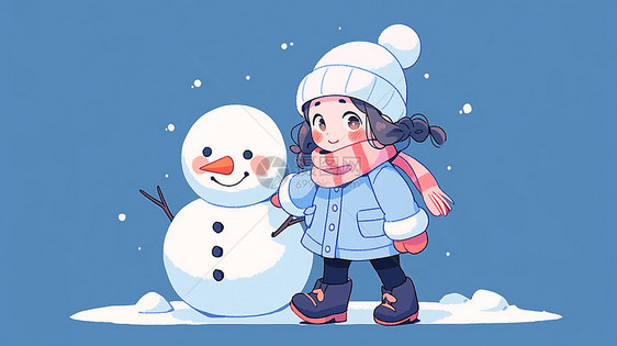 冬天堆雪人的可爱卡通小女孩围着粉红色围巾图片