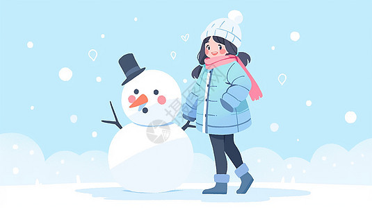 围着粉色围巾开心笑的卡通小女孩站在雪人身旁图片