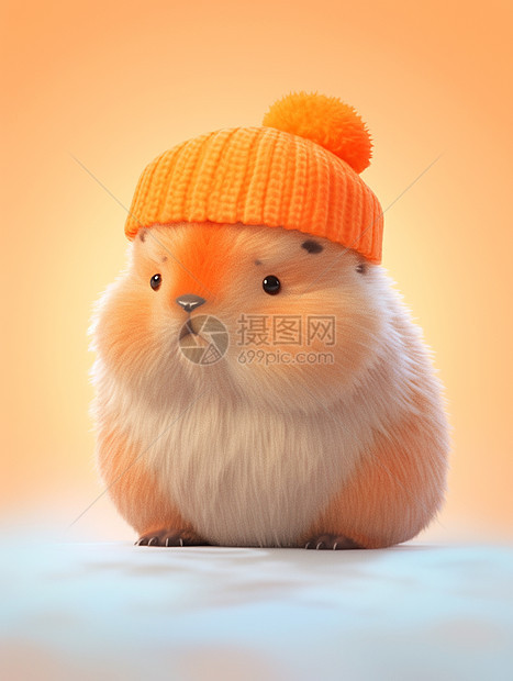 毛茸茸可爱的卡通小仓鼠带着橙色毛线帽图片