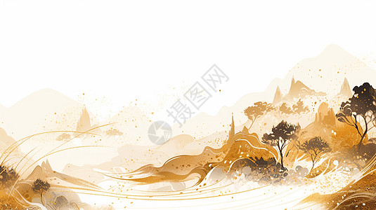 金黄色背景抽象的中国风卡通风景画插画