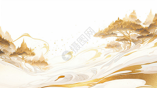 金黄色背景金黄色云雾缭绕的古松唯美风景画插画