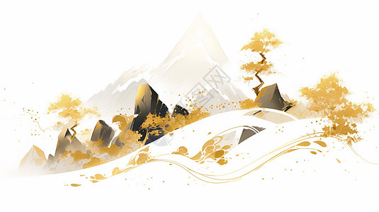 山坡上金黄色古松树与异石唯美卡通风景画高清图片