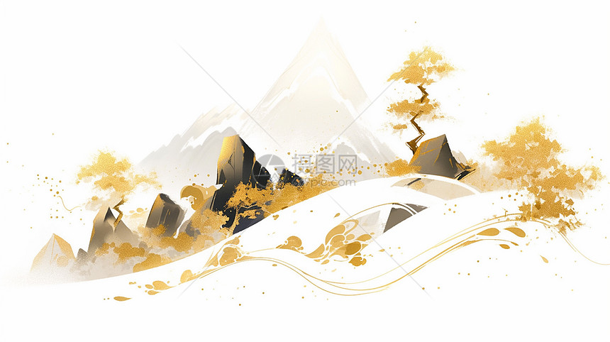 山坡上金黄色古松树与异石唯美卡通风景画图片