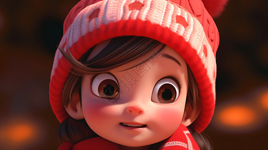 戴着红色毛线帽面带微笑可爱的卡通小女孩图片