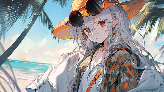 戴着橙色草帽在海边度假的时尚卡通女孩图片