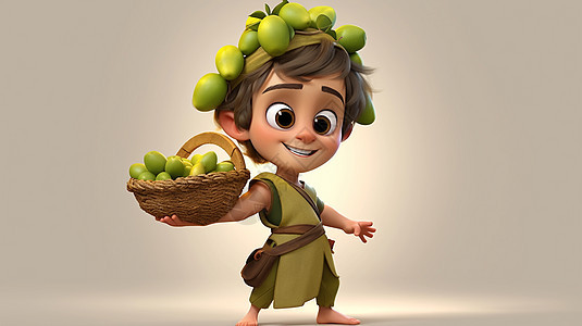可爱的卡通小男孩头上戴着绿色水果花环手端着一篮水果开心笑图片