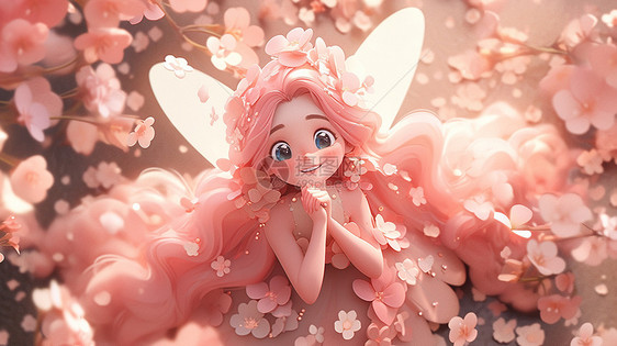 在粉色花丛中一个粉色长发漂亮的卡通小公主在开心笑图片