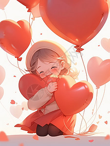 抱着红色爱心气球开心笑的卡通小女孩图片