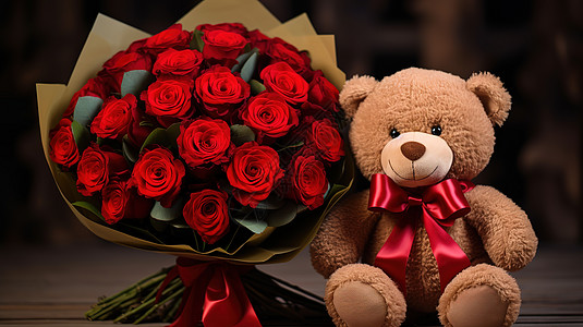 情人节鲜花和泰迪熊高清图片