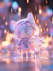 穿着雨衣在雨中梦幻可爱的立体卡通小女孩图片