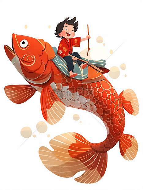 坐在红鲤鱼上开心笑的卡通小男孩图片