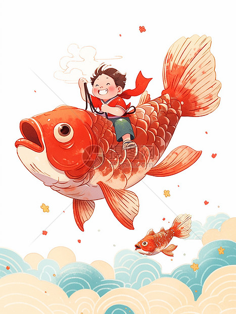 骑着红锦鲤开心笑的可爱卡通小男孩图片