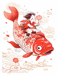 年画风骑着红鲤鱼可爱的卡通小男孩背景图片