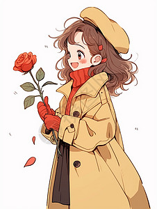 手拿玫瑰花穿黄色风衣开心笑的可爱卡通小女孩背景图片