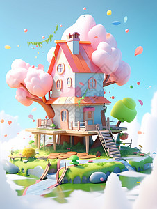 小岛上有一座可爱的卡通小房子生长着粉色树图片