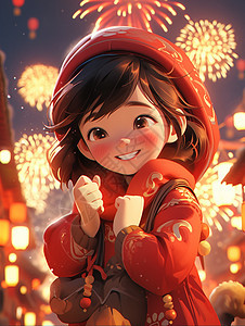 夜晚穿着红色古风卫衣参加活动看烟花开心笑的卡通小女孩图片