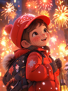 穿着红色厚外套戴着红色抱球帽抬头看烟花的卡通小女孩图片