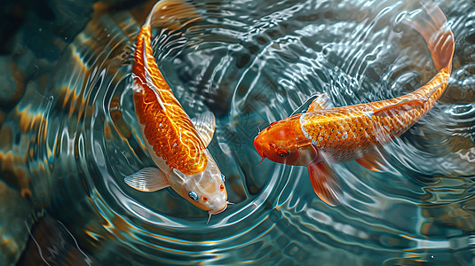 在清澈的水中游泳的两条金花色锦鲤图片