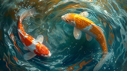 两条吉祥的卡通鲤鱼在水中自由的游泳背景图片